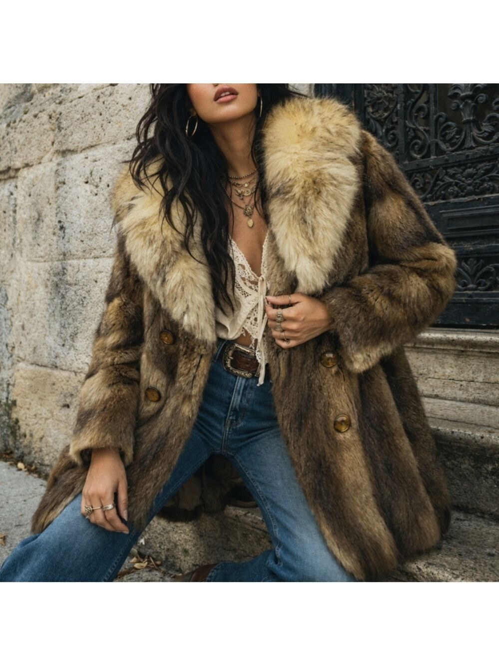 Vintage 70s Penny Lane Raccoon Fur Coat Fox Collar XS/S Longline Boho Statement